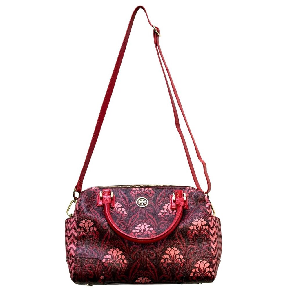 Tory Burch Red Floral Printed Satchel Tote Bag Adjustable Crossbody Vintage - Picture 5 of 11